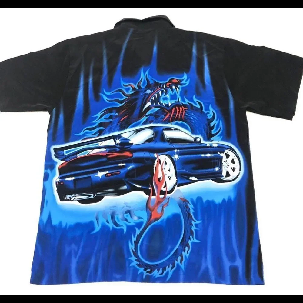 ODO mens black dragon car retro button down shirt size Large - Picture 8 of 8